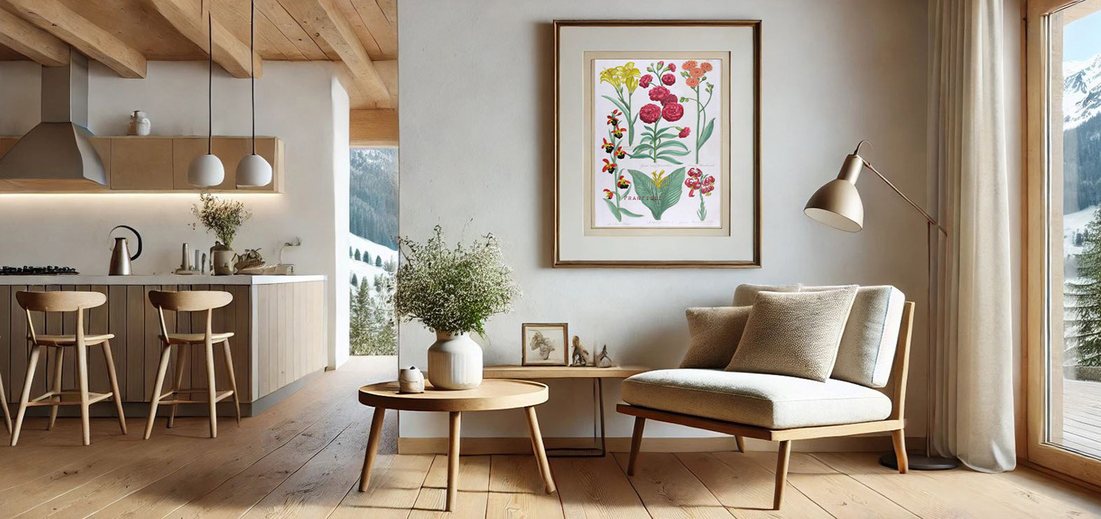 FRAMED ANTIQUE BOTANICAL PRINT IN ELEGANT HOME WITH WABI SABI INSPIRATION DESIGN IN SUD-TYROL NEAR  "3 CIME DI LAVAREDO" ITALY